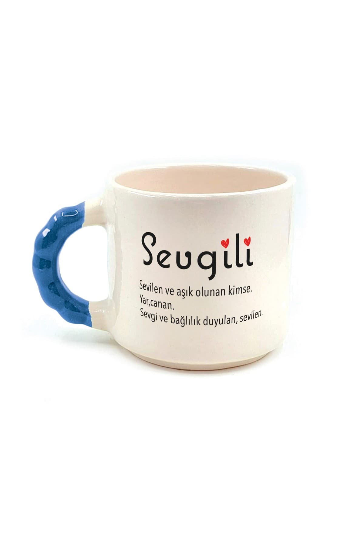 Sevgili Baskılı Mavi Kulplu Boncuk Kupa - Sevgiliye Hediye Bardak Fincan Mug