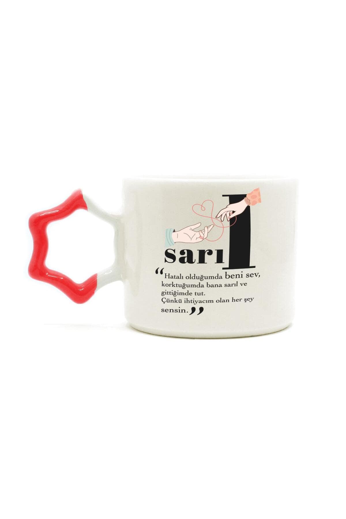 Sarıl Baskılı Kırmızı Kulplu Yıldız Kupa Bardak Fincan Mug