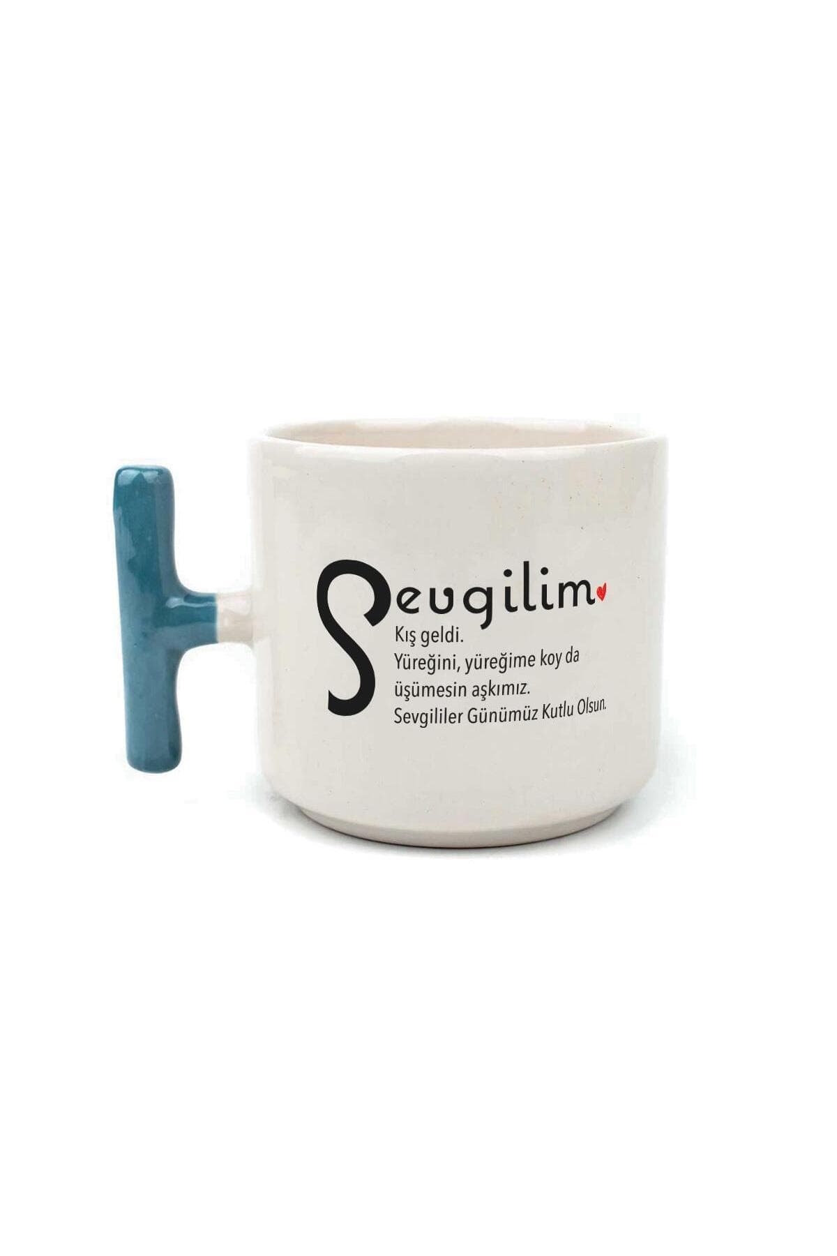 Sevgilim Baskılı Mavi Kulplu T Kupa - Sevgiliye Hediye Bardak Fincan Mug