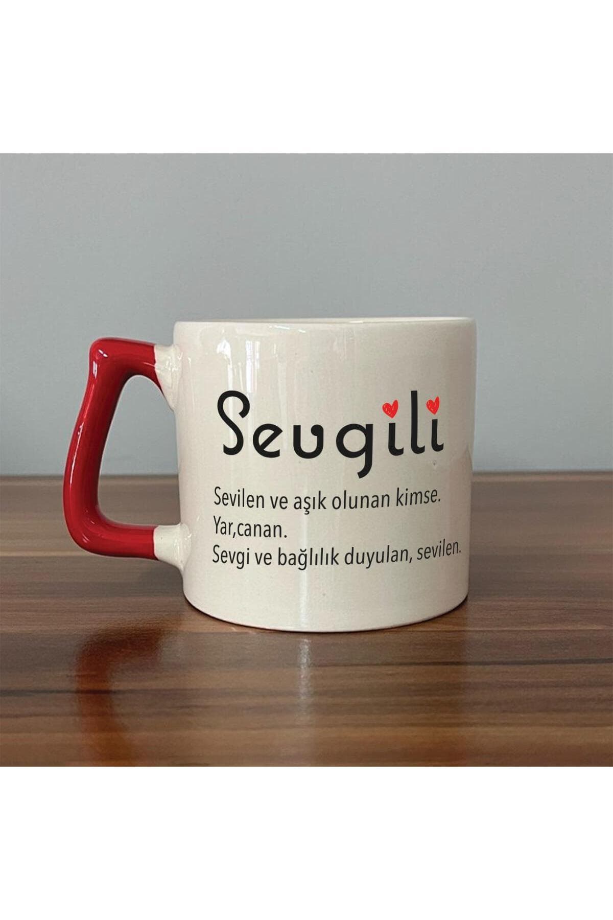 Sevgili Baskılı Kırmızı Kulplu Prime Kupa - Sevgiliye Hediye Bardak Fincan Mug