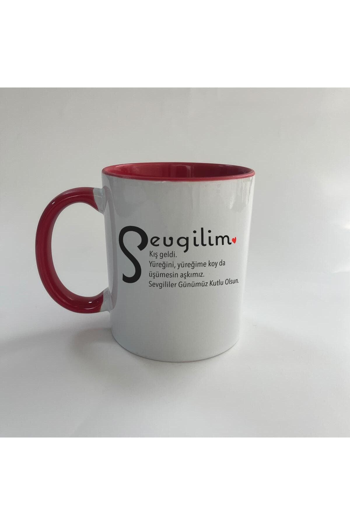 Sevgilim Baskılı Kırmızı İçi ve Kulbu Renkli Mega Kupa - Sevgiliye Hediye Bardak Fincan Mug