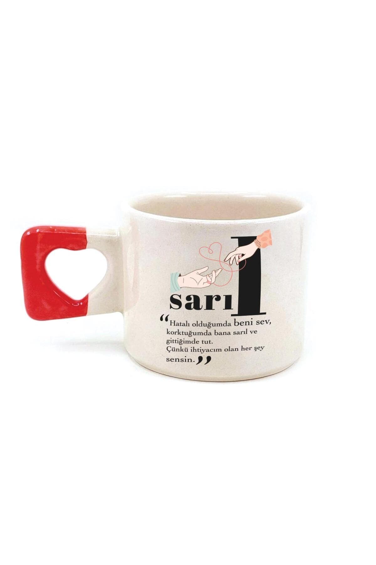 Sarıl Baskılı Kırmızı Kulplu Kalp Kupa Bardak Fincan Mug
