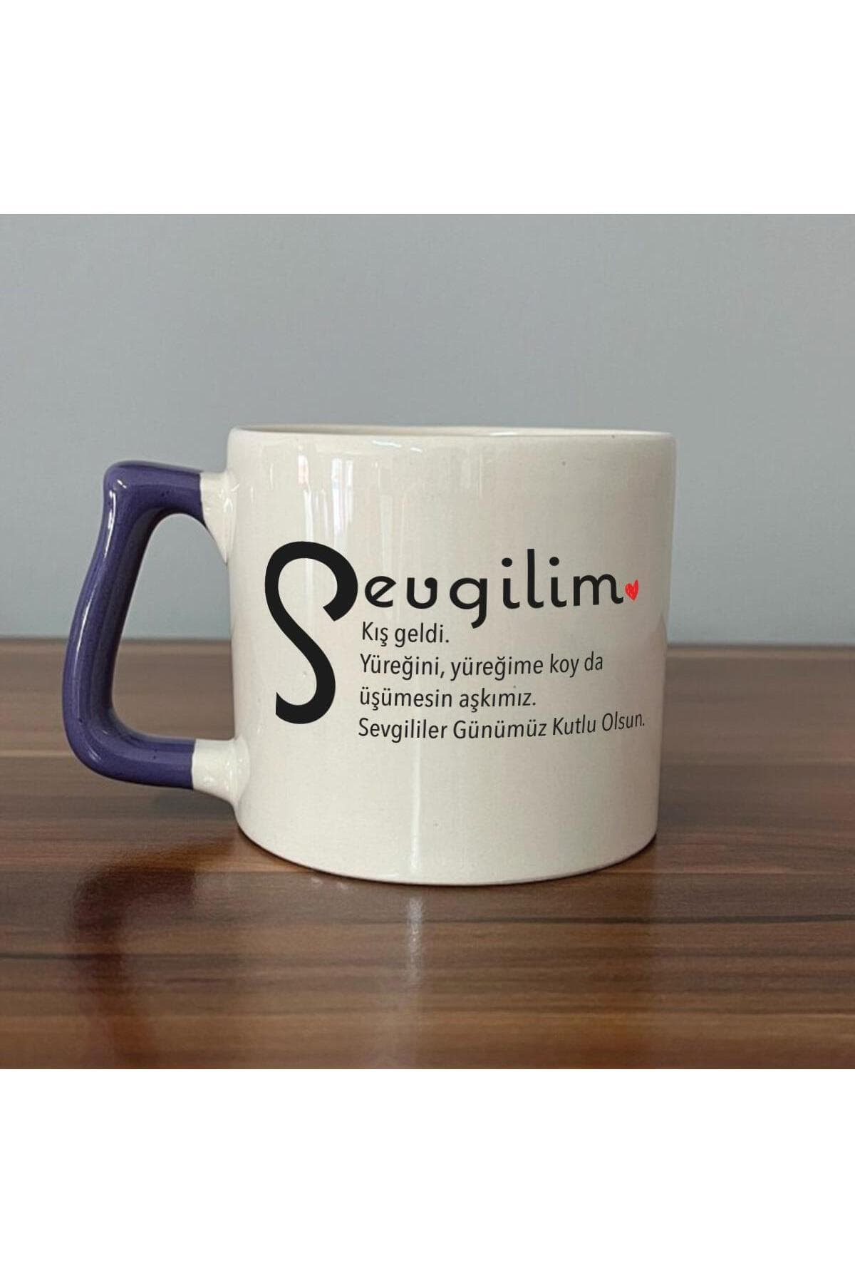 Sevgilim Baskılı Mor Kulplu Prime Kupa - Sevgiliye Hediye Bardak Fincan Mug