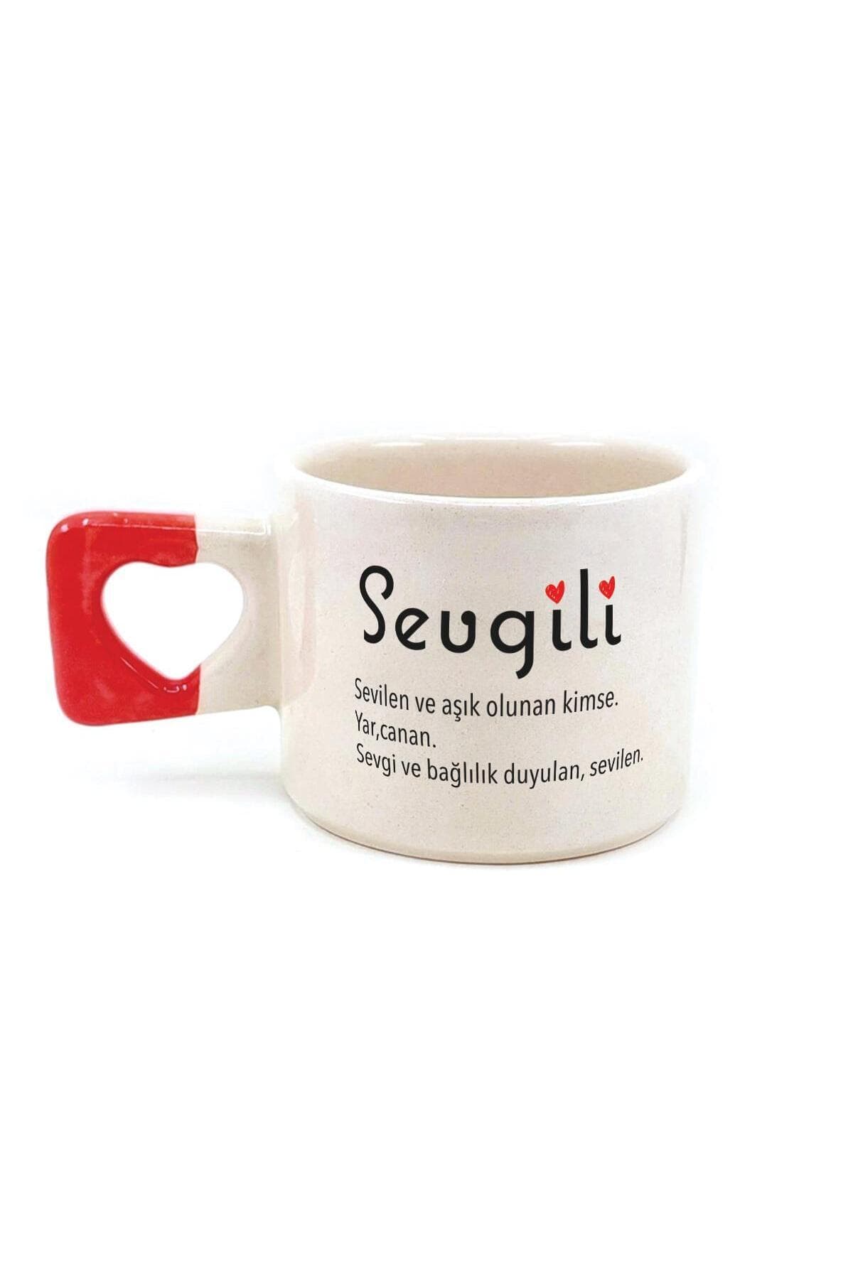 Sevgili Baskılı Kırmızı Kulplu Kalp Kupa - Sevgiliye Hediye Bardak Fincan Mug