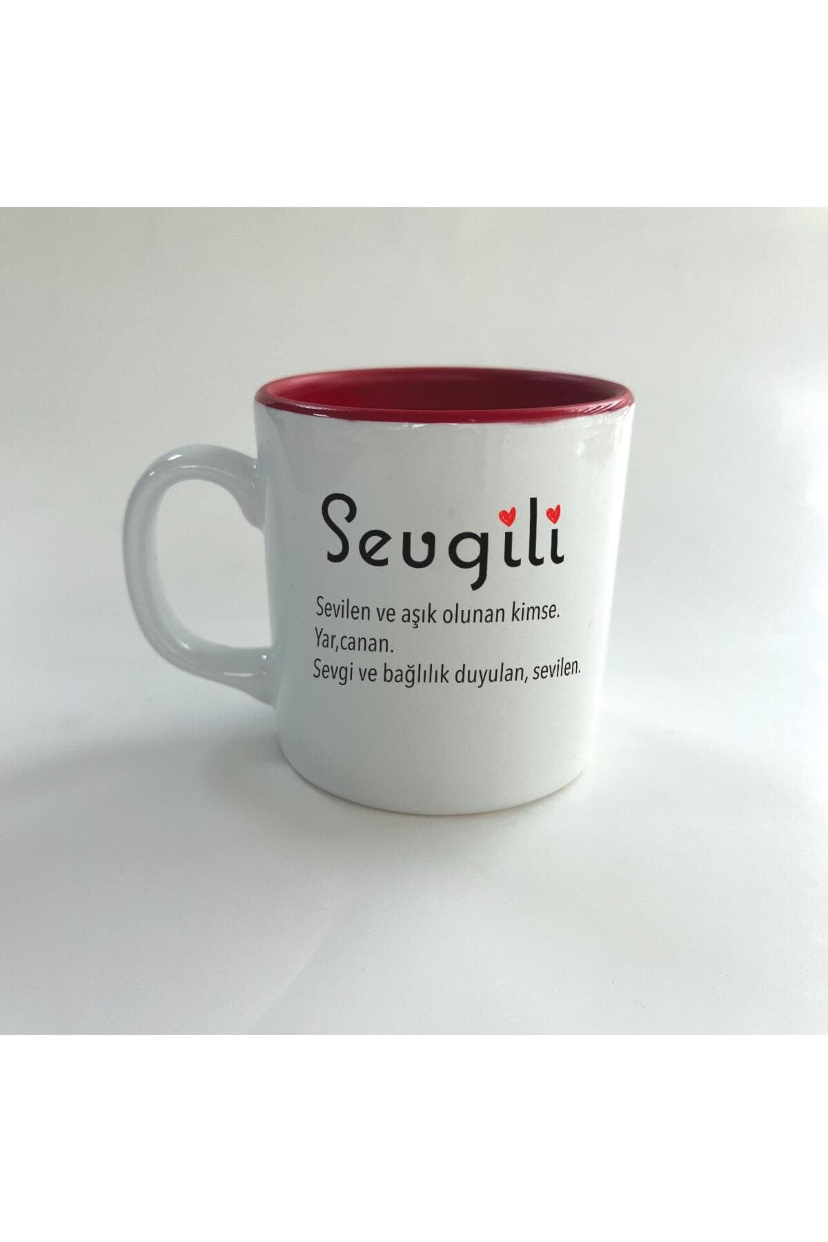 Sevgili Baskılı Kırmızı İçi Renkli Multi Kupa - Sevgiliye Hediye Bardak Fincan Mug