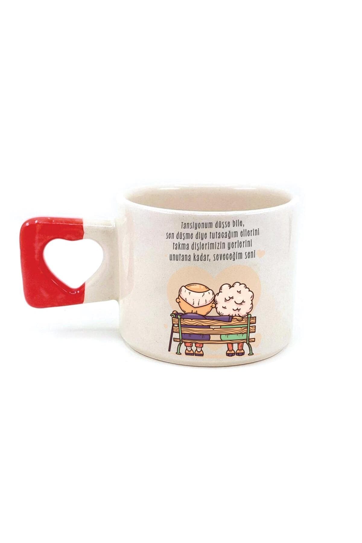 Tansiyonum Düşse Bile Baskılı Kırmızı Kulplu Kalp Kupa Bardak Fincan Mug