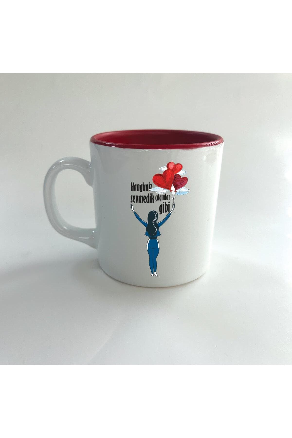 Hangimiz Sevmedik Çılgınlar Gibi Balonlu Kız Baskılı Kırmızı İçi Renkli Multi Kupa Bardak Fincan Mug