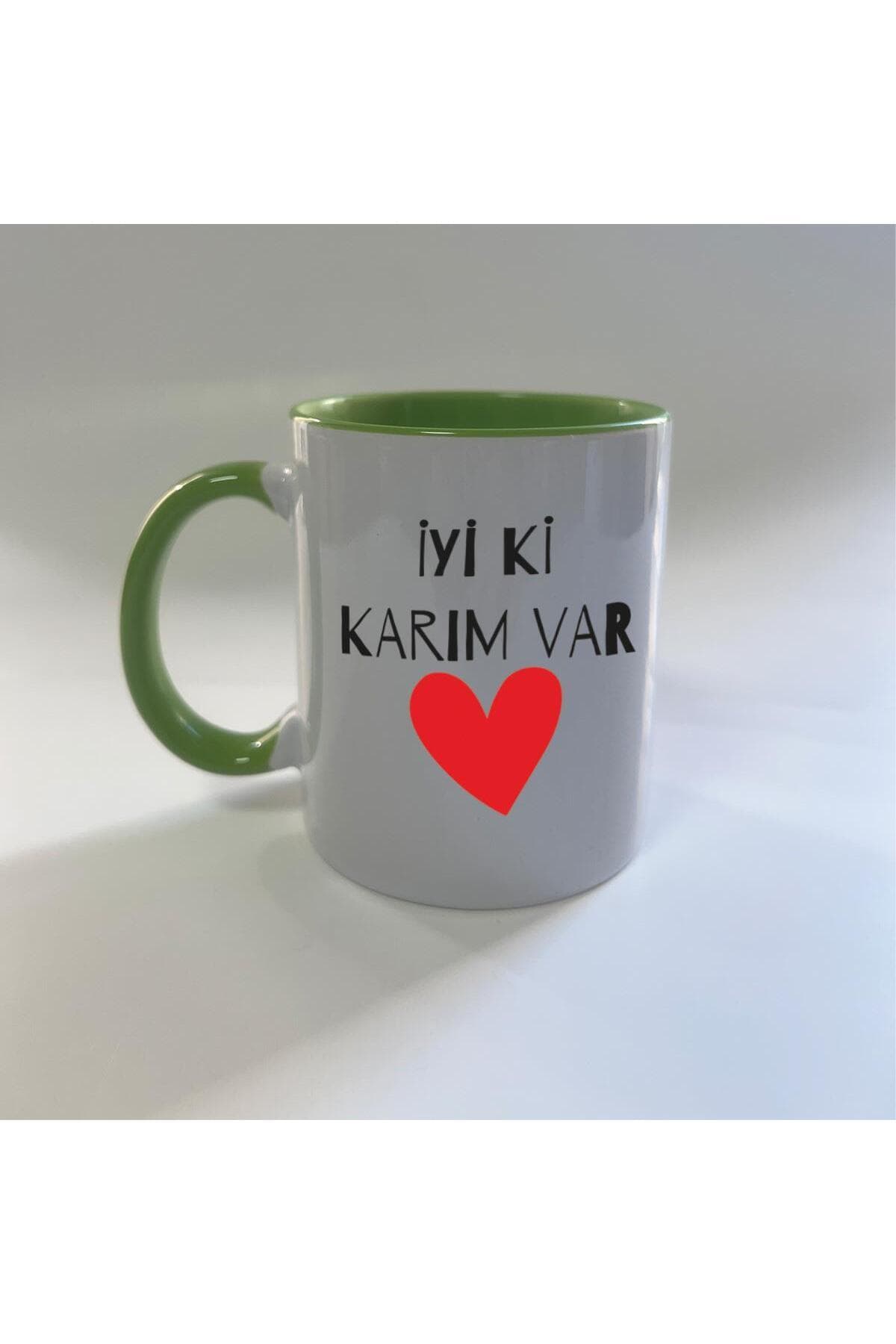 İyi Ki Karım Var Baskılı Yeşil İçi ve Kulbu Renkli Mega Kupa - Sevgililer Günü Hediyesi Bardak