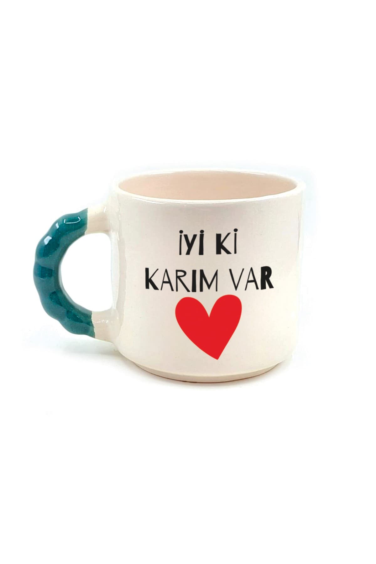 İyi Ki Karım Var Baskılı Yeşil Kulplu Boncuk Kupa - Sevgililer Günü Hediyesi Bardak Fincan Mug