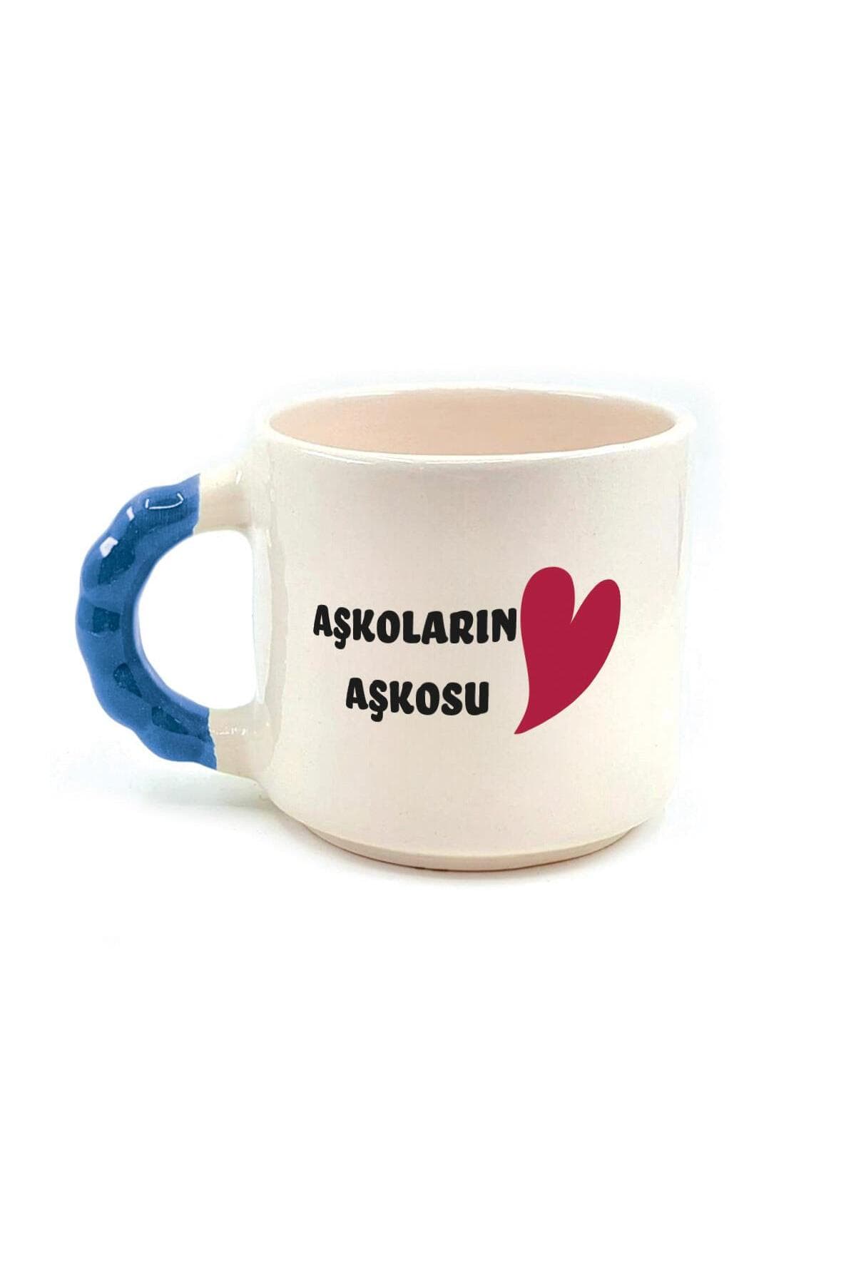 Aşkoların Aşkosu Baskılı Mavi Kulplu Boncuk Kupa - Sevgililer Günü Hediyesi Bardak Fincan Mug