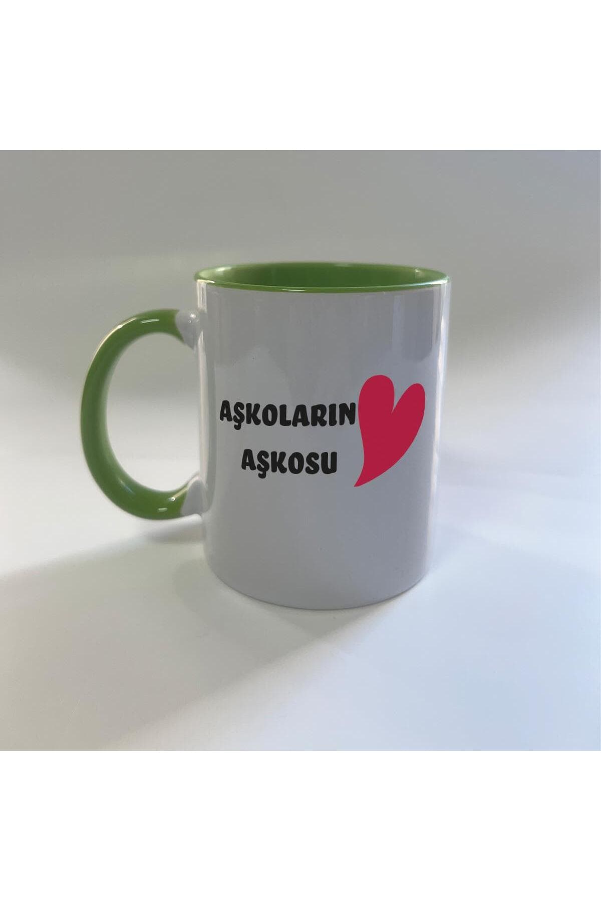Aşkoların Aşkosu Baskılı Yeşil İçi ve Kulbu Renkli Mega Kupa - Sevgililer Günü Hediyesi Bardak