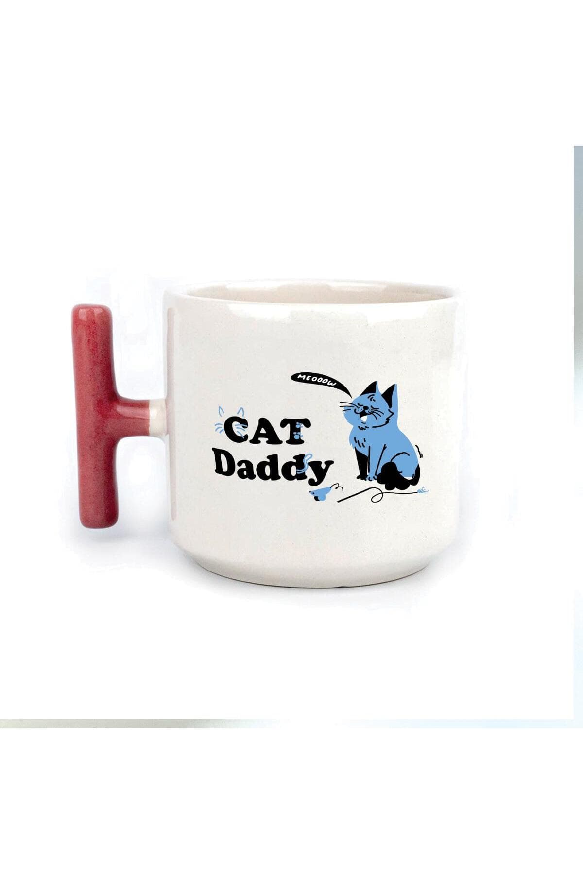 Cat Daddy Baskılı Kırmızı Kulplu T Kupa Bardak Fincan Mug