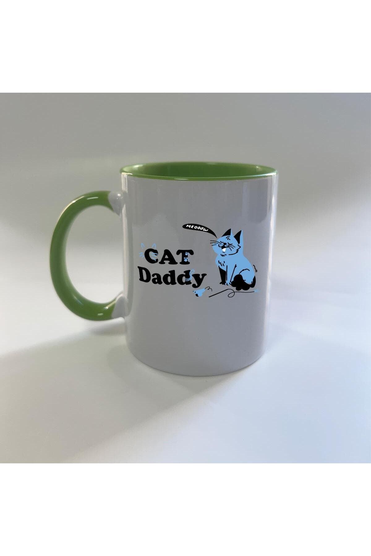 Cat Daddy Baskılı Yeşil İçi ve Kulbu Renkli Mega Kupa Bardak Fincan Mug