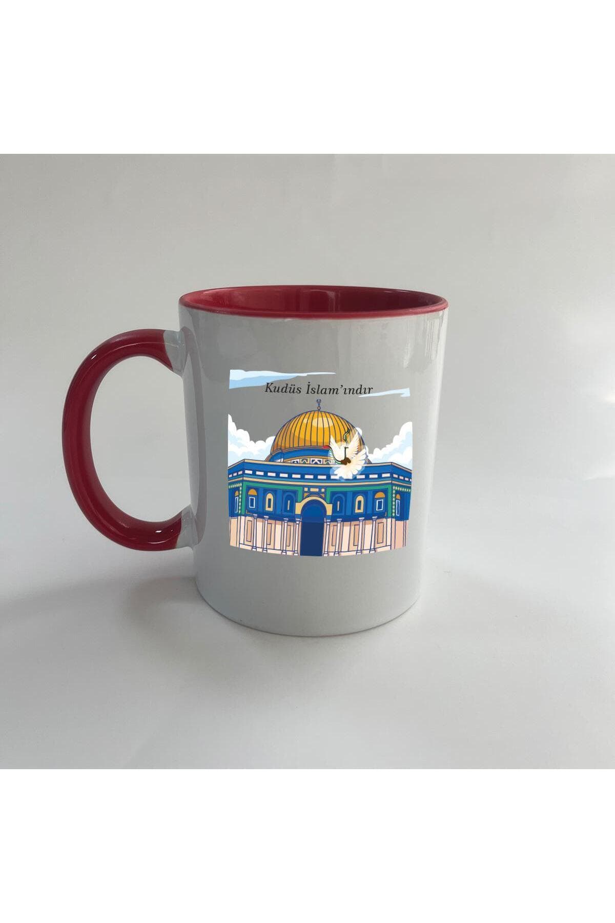 Kudüs İslam'ındır Baskılı Kırmızı İçi ve Kulbu Renkli Mega Kupa Bardak Fincan Mug