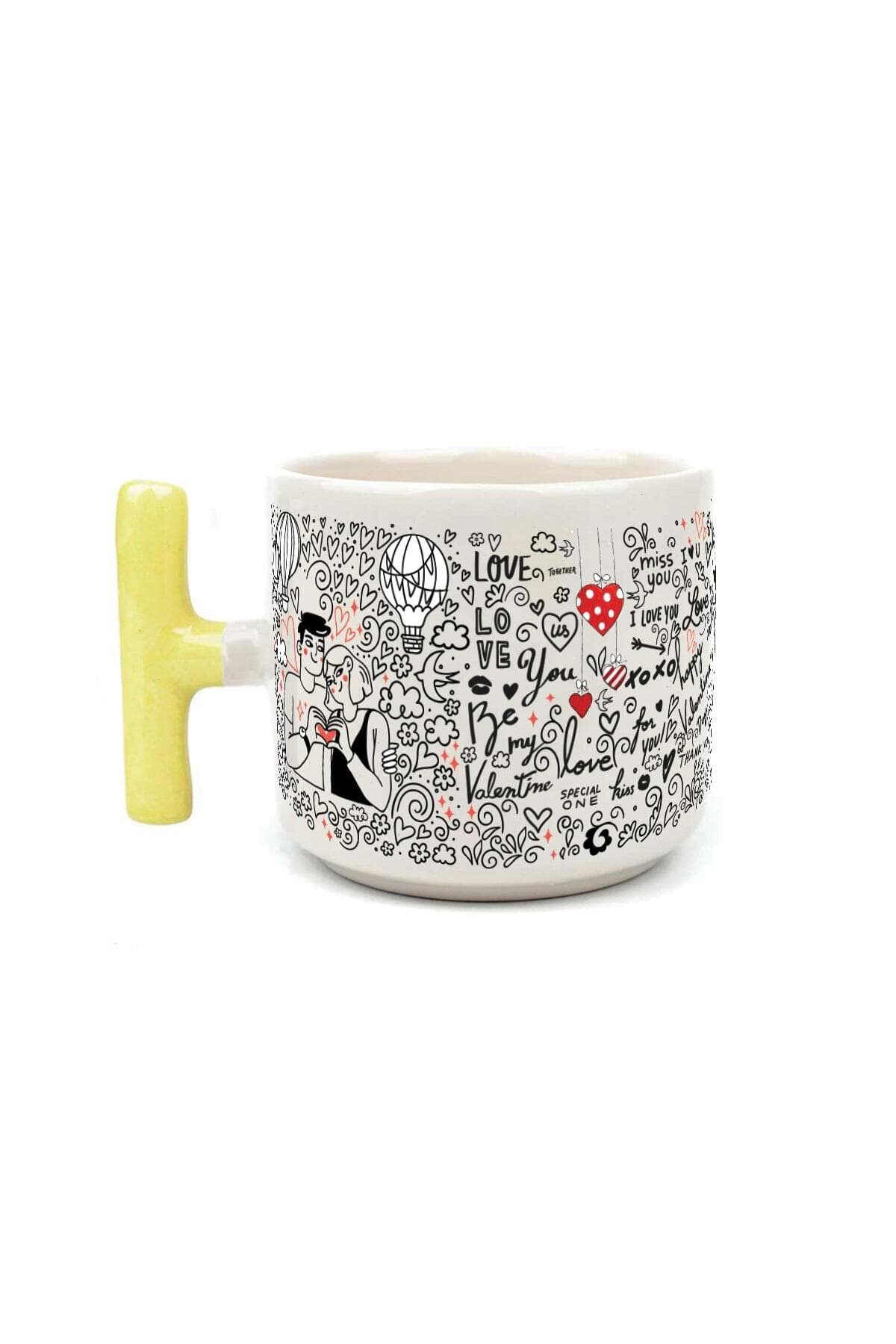 Aşk Temalı Baskılı Kulplu T Kupa - Sevgililer Günü Hediyesi Bardak Fincan Mug