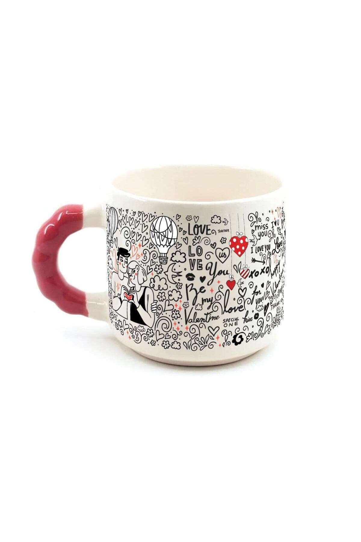 Aşk Temalı Baskılı Kulplu Boncuk Kupa - Sevgililer Günü Hediyesi Bardak Fincan Mug