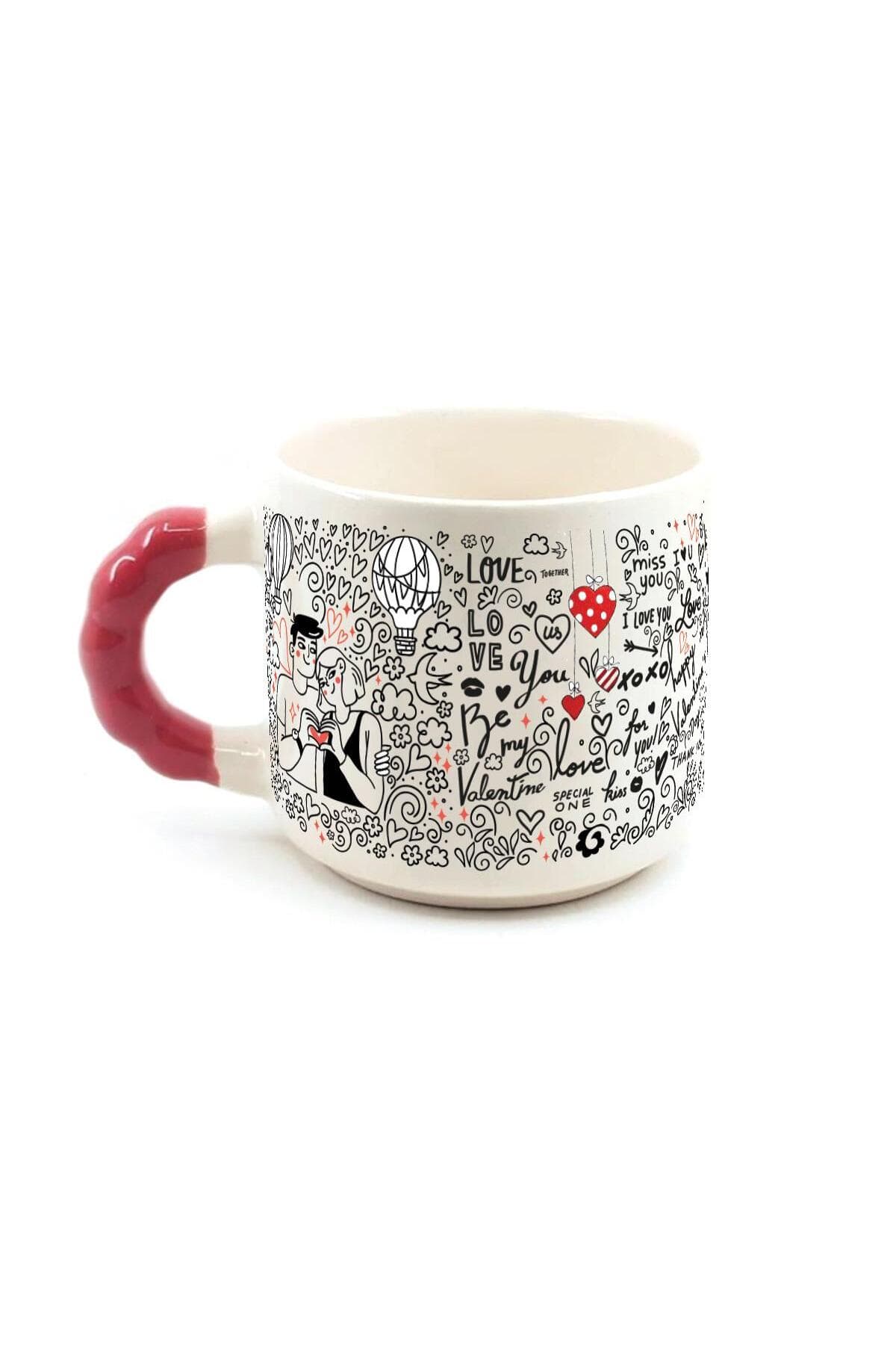 Aşk Temalı Baskılı Kulplu Boncuk Kupa - Sevgililer Günü Hediyesi Bardak Fincan Mug
