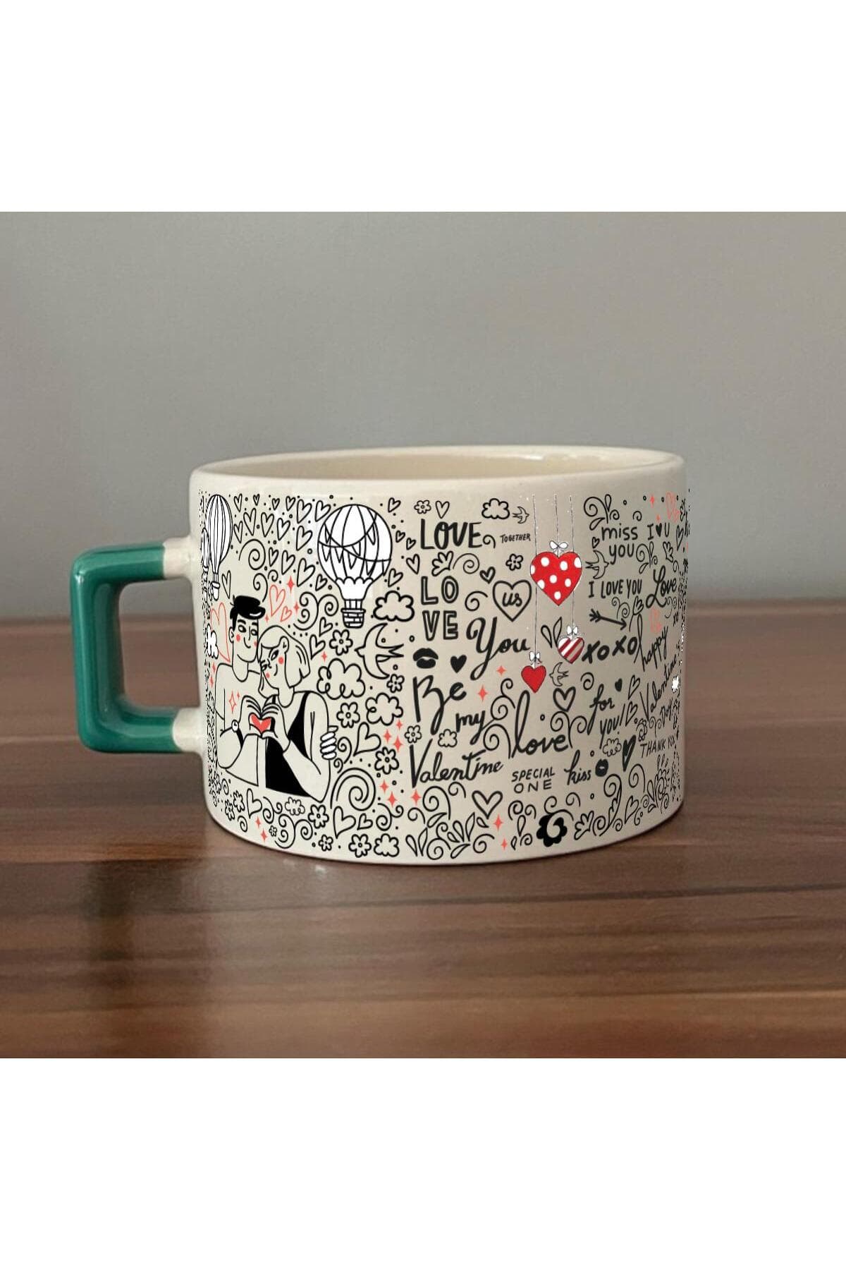 Aşk Temalı Baskılı Yeşil Kulplu Kare Kupa - Sevgililer Günü Hediyesi Bardak Fincan Mug