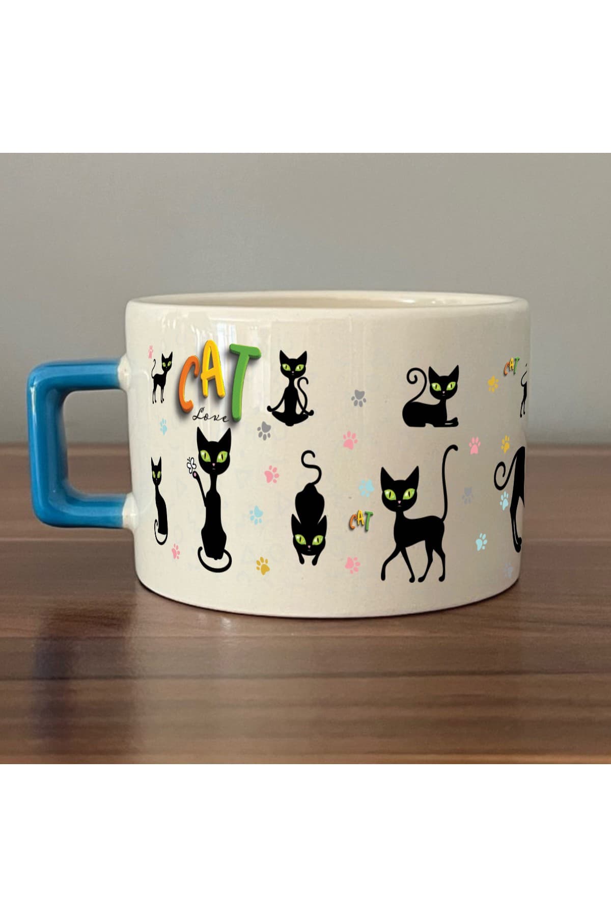 Cat Love Baskılı Mavi Kulplu Kare Kupa Bardak Fincan Mug