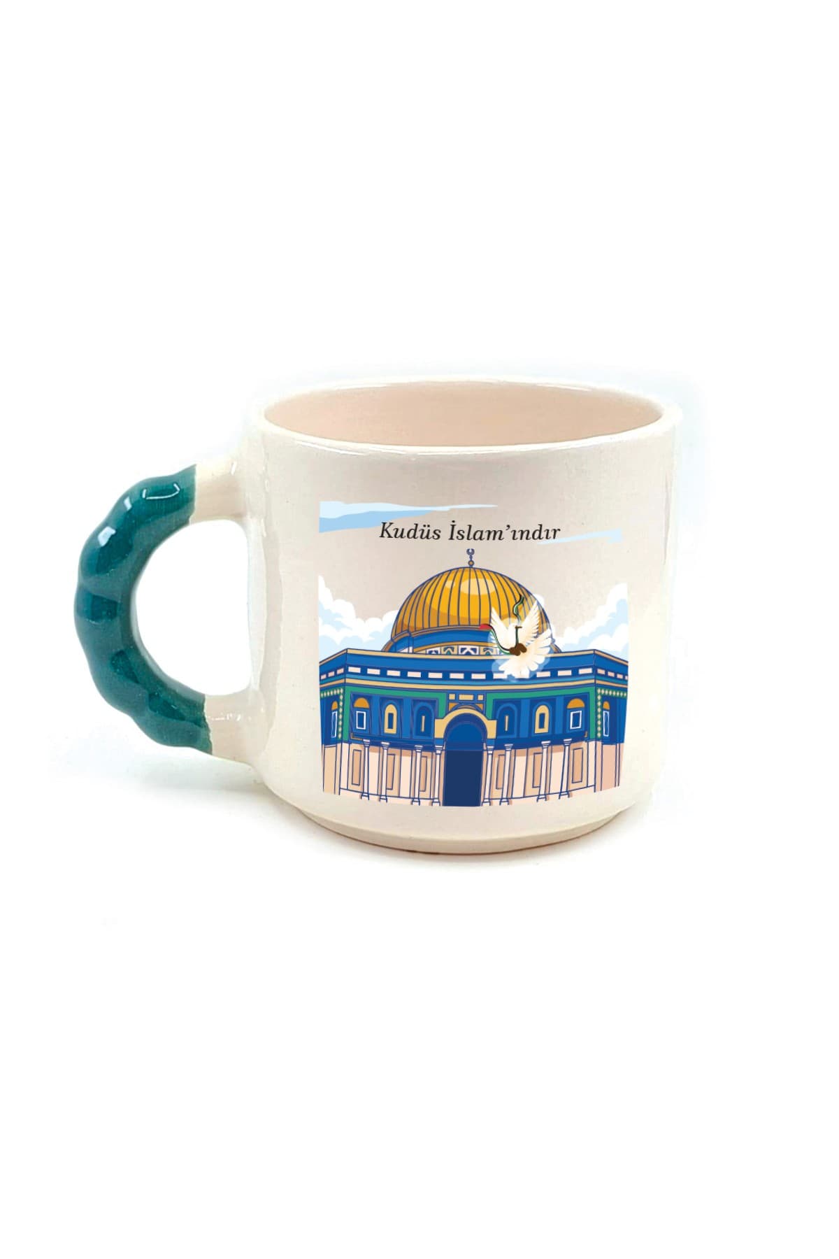 Kudüs İslam'ındır Baskılı Yeşil Kulplu Boncuk Kupa Bardak Fincan Mug