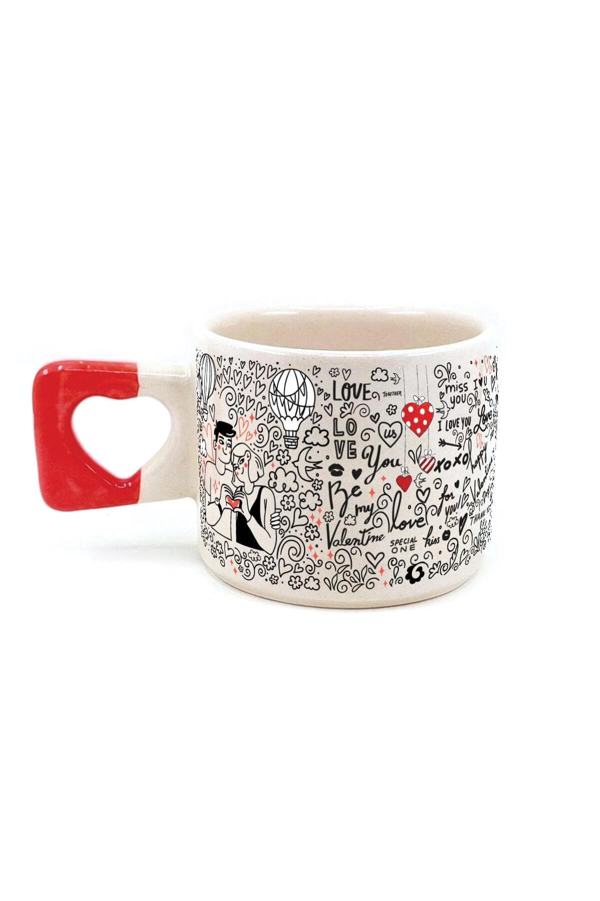 Aşk Temalı Baskılı Kulplu Kalp Kupa - Sevgililer Günü Hediyesi Bardak Fincan Mug