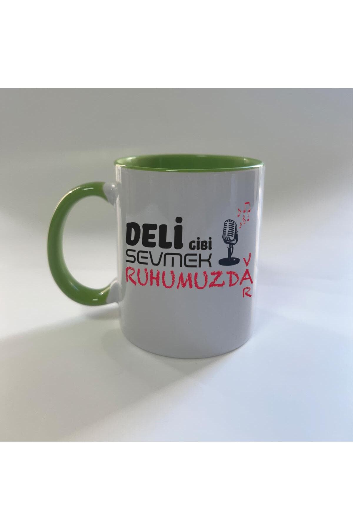 Deli Gibi Sevmek Ruhumuzda Var Baskılı Yeşil İçi ve Kulbu Renkli Mega Kupa Bardak Fincan Mug