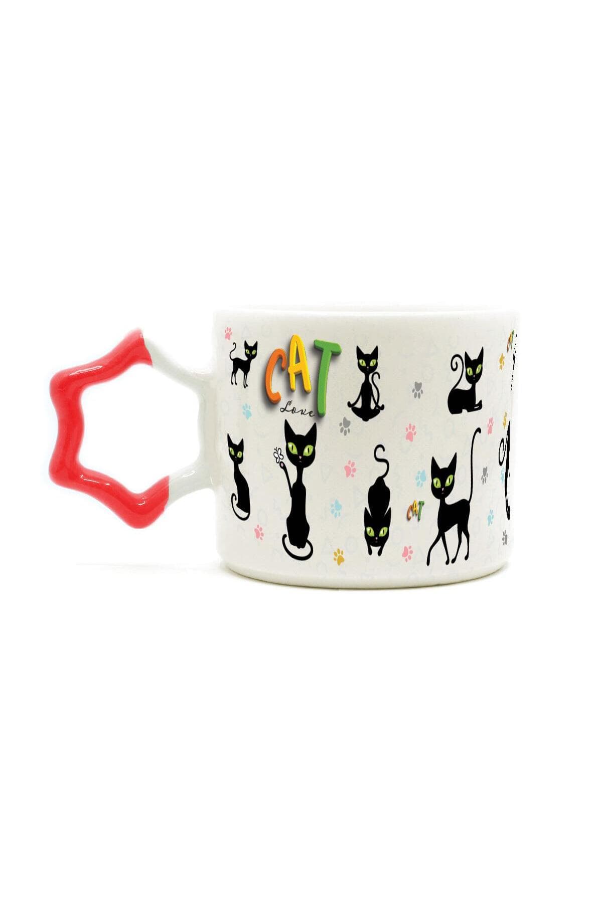 Cat Love Baskılı Kırmızı Kulplu Yıldız Kupa Bardak Fincan Mug