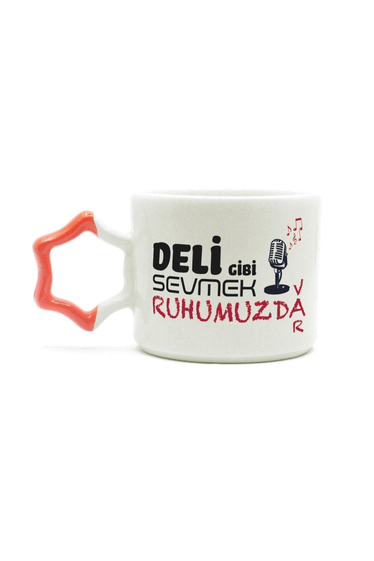 Deli Gibi Sevmek Ruhumuzda Var Baskılı Turuncu Kulplu Yıldız Kupa Bardak Fincan Mug