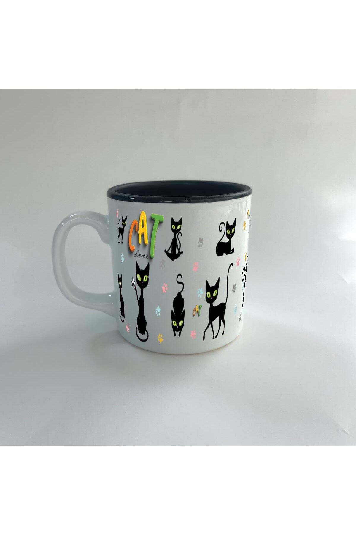 Cat Love Baskılı Siyah İçi Renkli Multi Kupa Bardak Fincan Mug