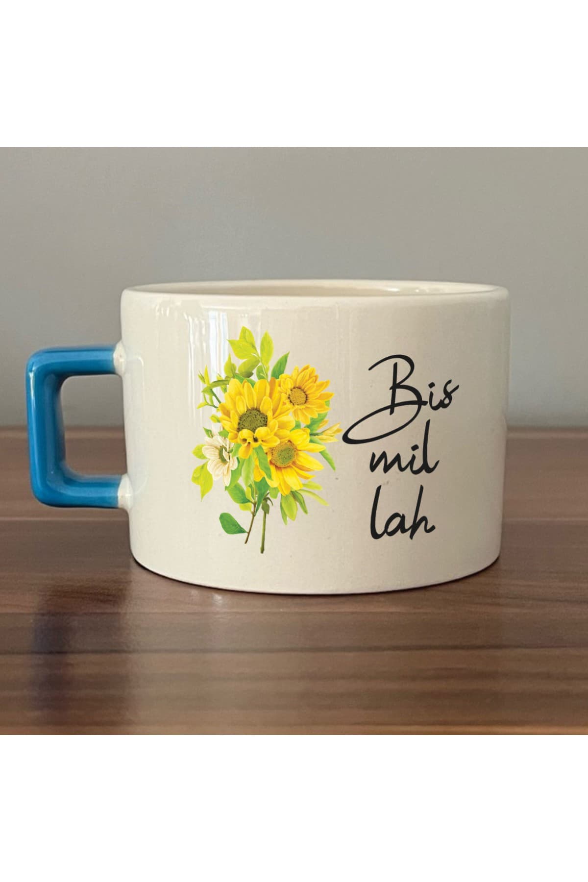 Bismillah Baskılı Mavi Kulplu Kare Kupa Bardak Fincan Mug