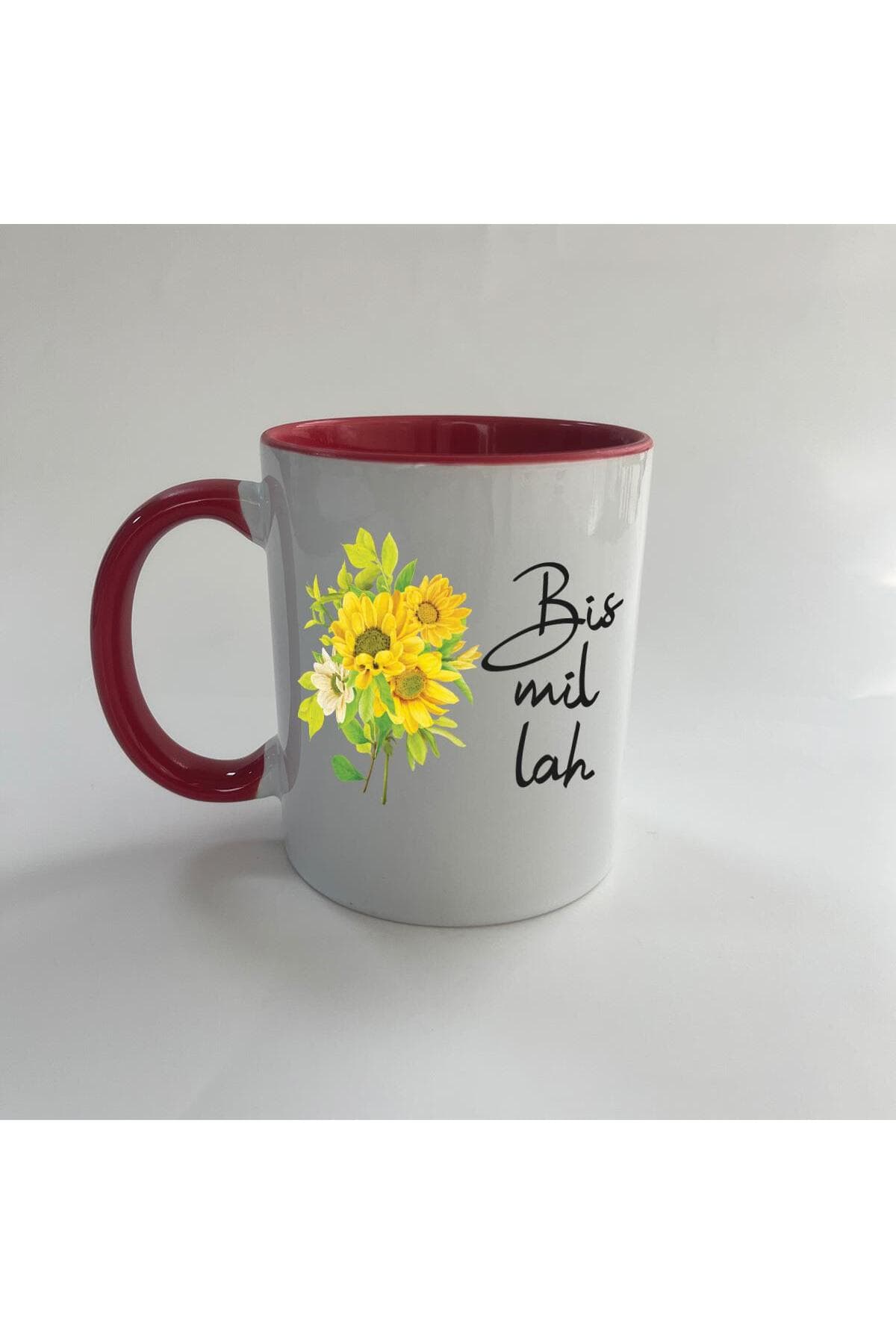 Bismillah Baskılı Kırmızı İçi ve Kulbu Renkli Mega Kupa Bardak Fincan Mug