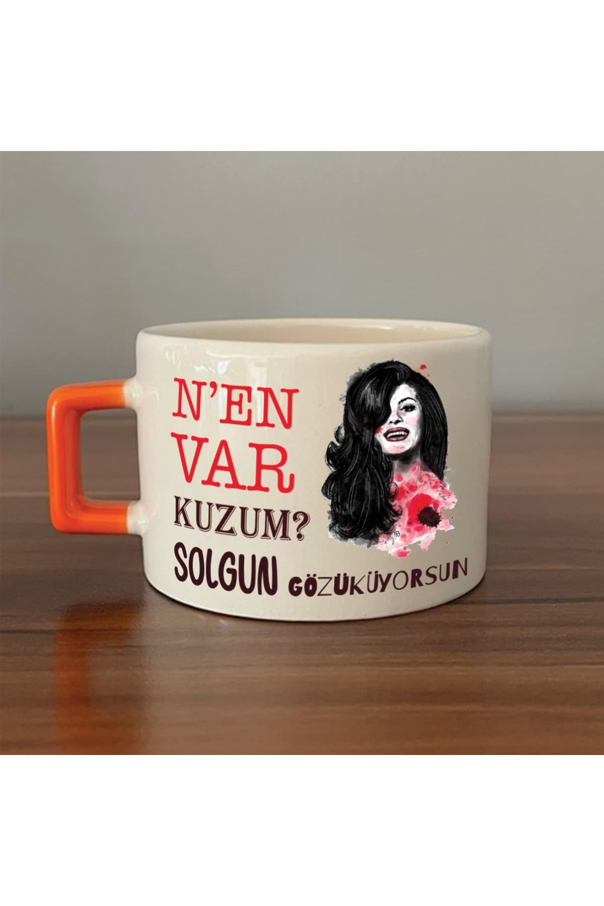 Nen Var Kuzum? Baskılı Turuncu Kulplu Kare Kupa Bardak Fincan Mug