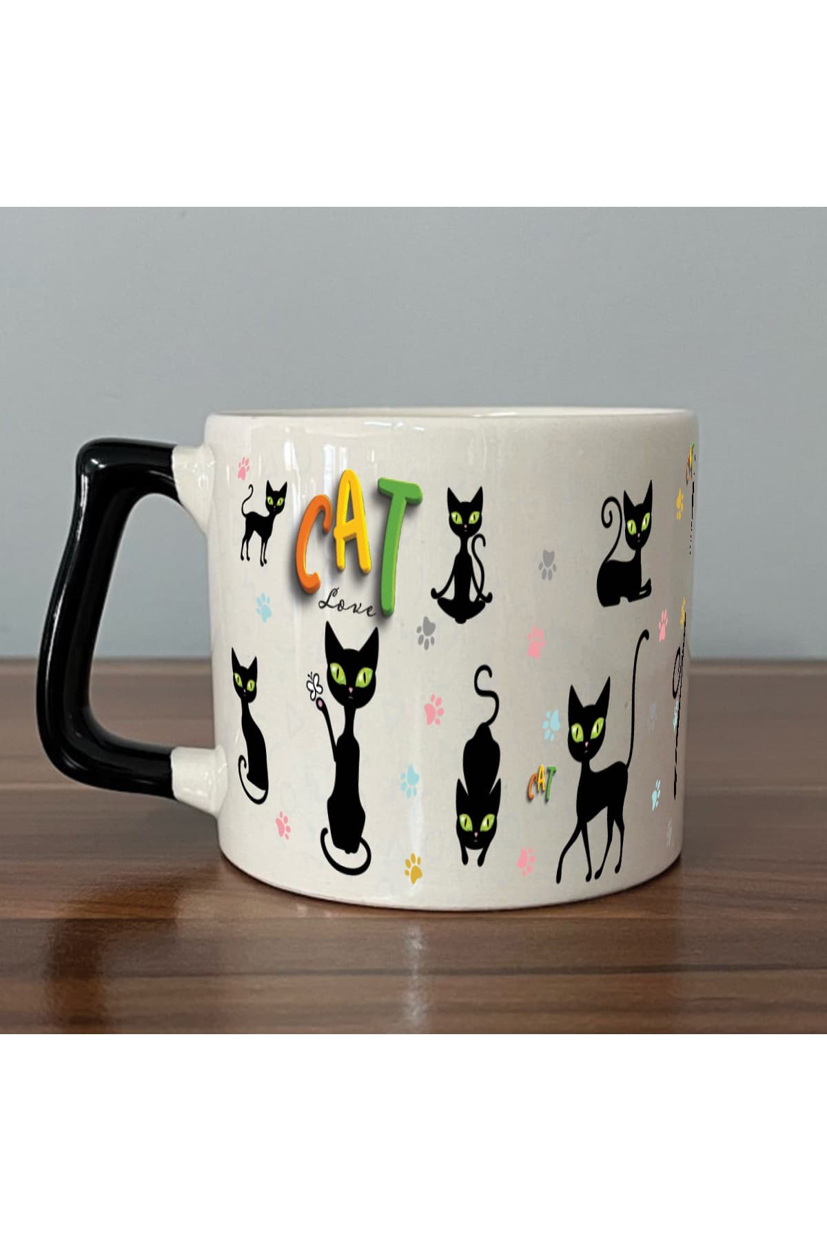 Cat Love Baskılı Siyah Kulplu Prime Kupa Bardak Fincan Mug