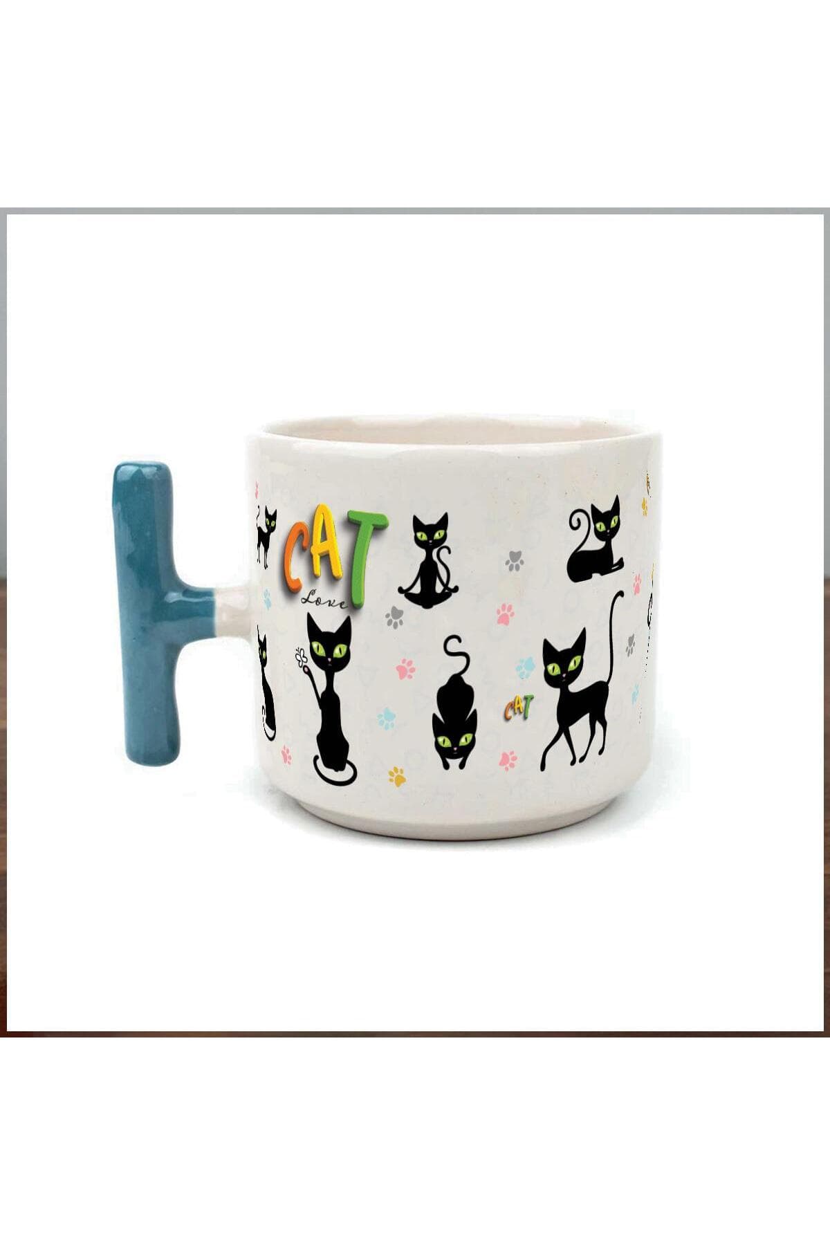 Cat Love Baskılı Mavi Kulplu T Kupa Bardak Fincan Mug