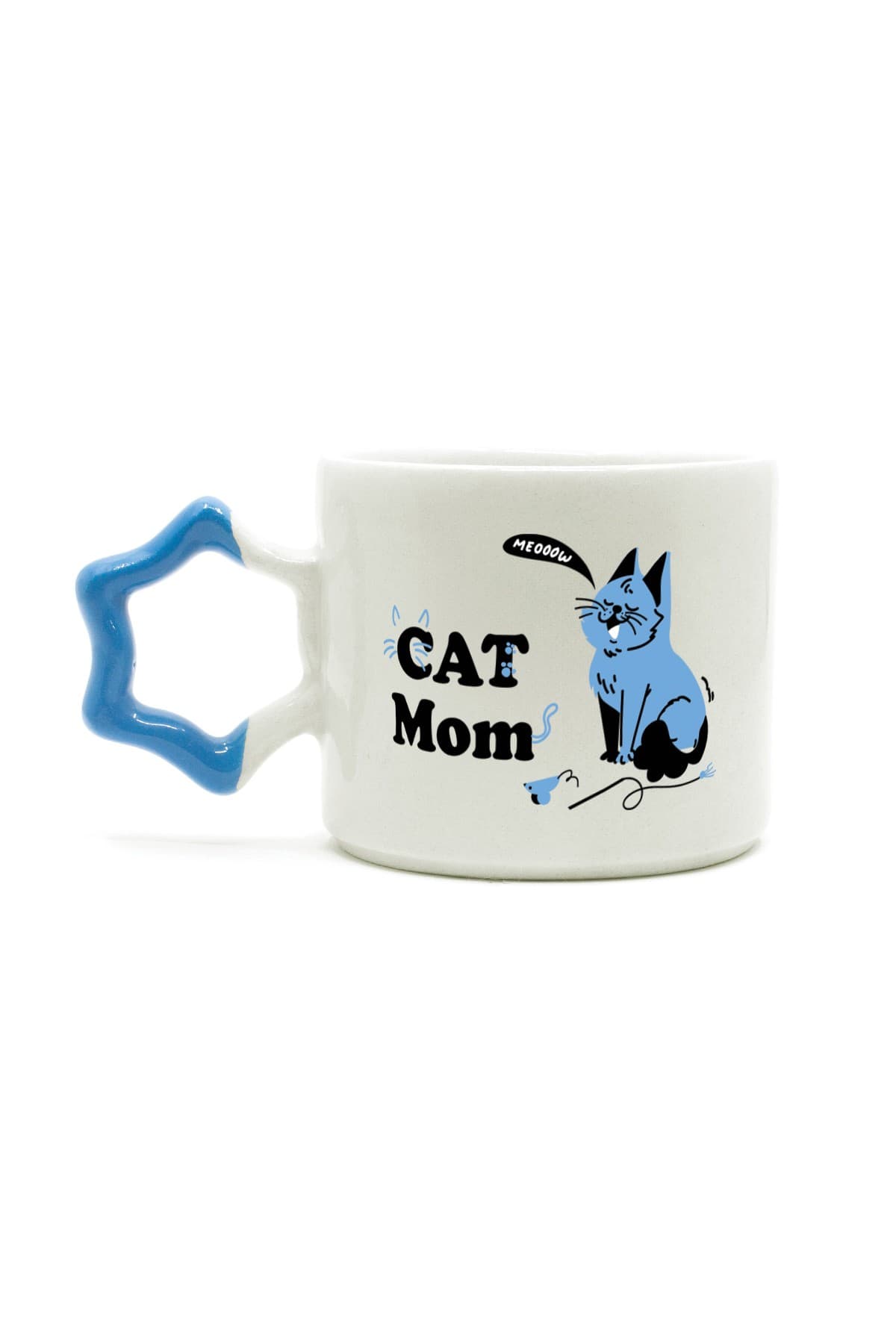 Cat Mom Baskılı Mavi Kulplu Yıldız Kupa - Anneye Hediye Bardak Fincan Mug