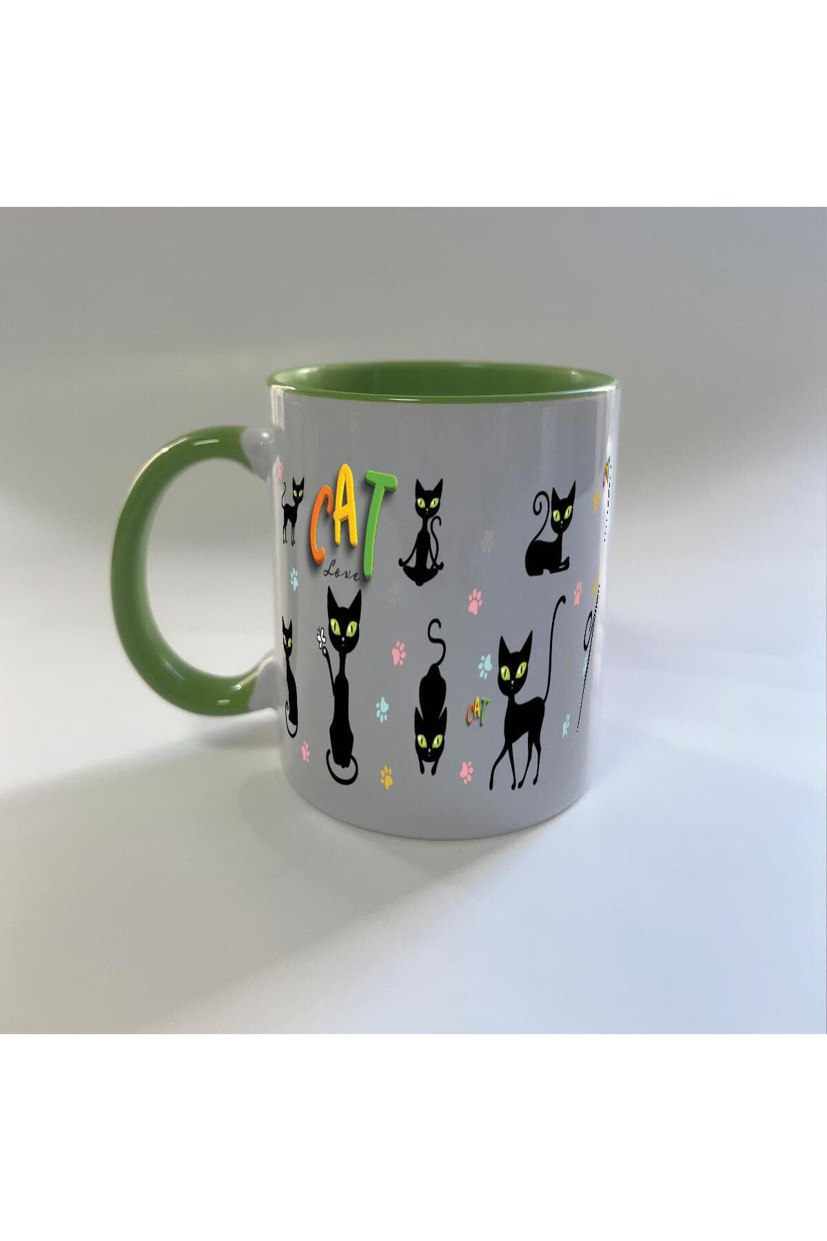Cat Love Baskılı Yeşil İçi ve Kulbu Renkli Mega Kupa Bardak Fincan Mug