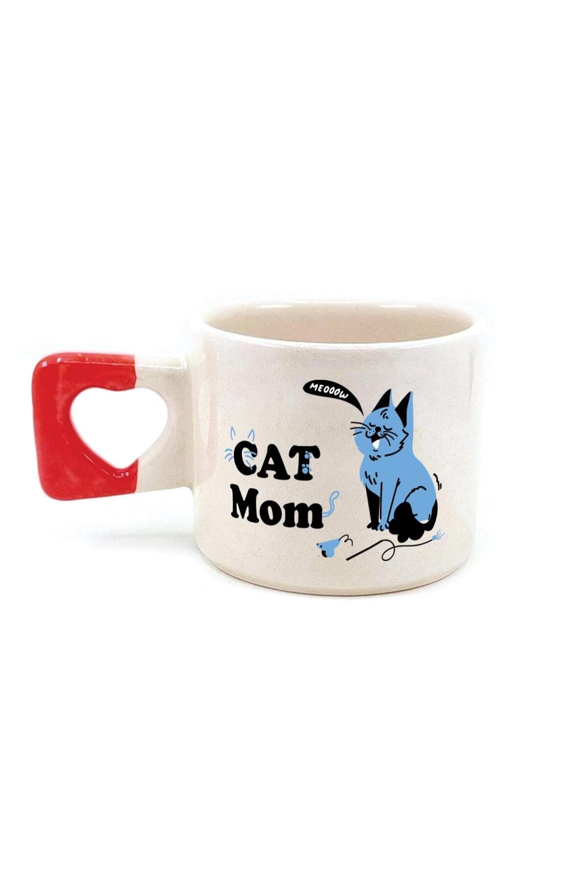 Cat Mom Baskılı Kırmızı Kulplu Kalp Kupa - Anneye Hediye Bardak Fincan Mug