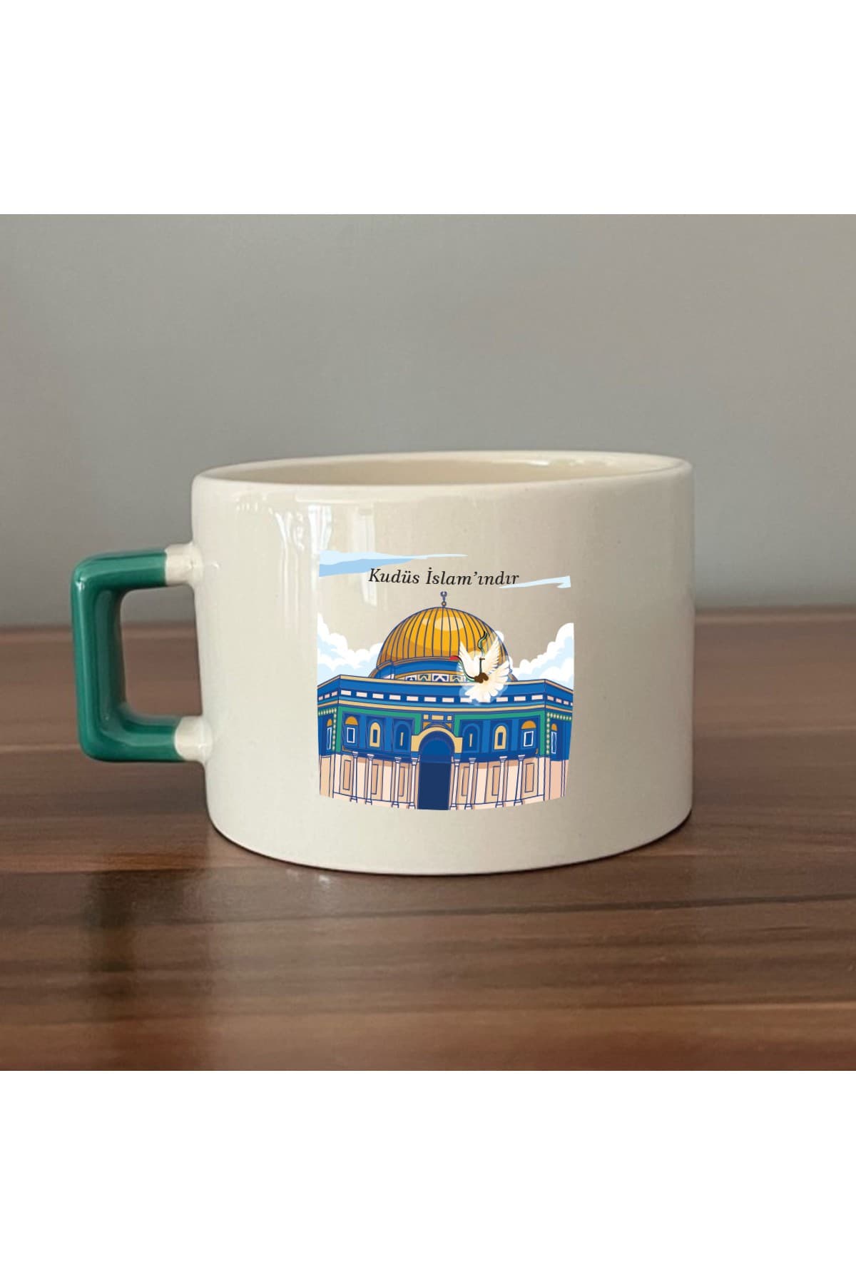 Kudüs İslam'ındır Baskılı Yeşil Kulplu Kare Kupa Bardak Fincan Mug
