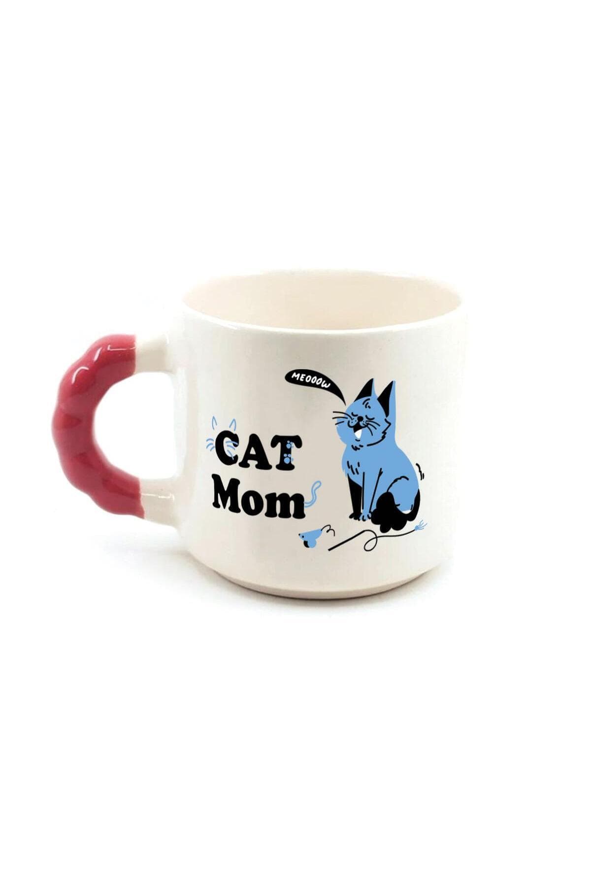 Cat Mom Baskılı Kırmızı Kulplu Boncuk Kupa - Anneye Hediye Bardak Fincan Mug
