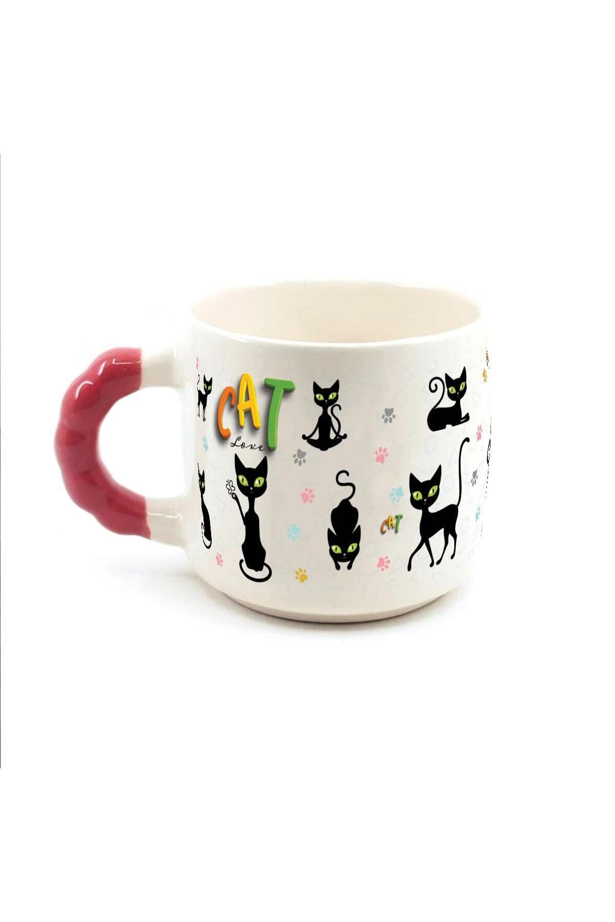 Cat Love Baskılı Kırmızı Kulplu Boncuk Kupa Bardak Fincan Mug