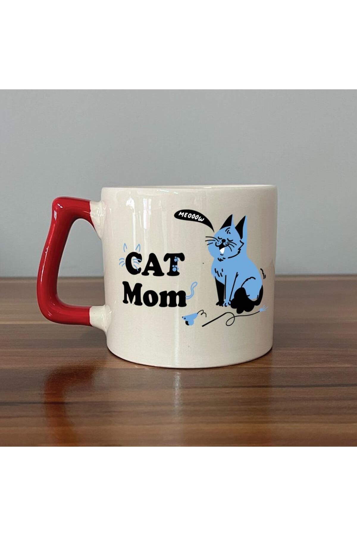 Cat Mom Baskılı Kırmızı Kulplu Prime Kupa - Anneye Hediye Bardak Fincan Mug
