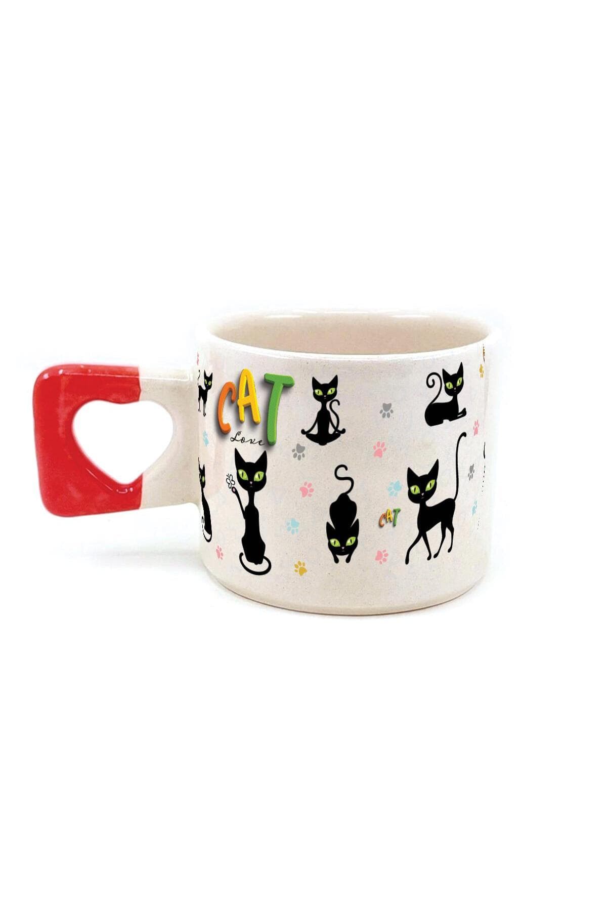 Cat Love Baskılı Kırmızı Kulplu Kalp Kupa Bardak Fincan Mug