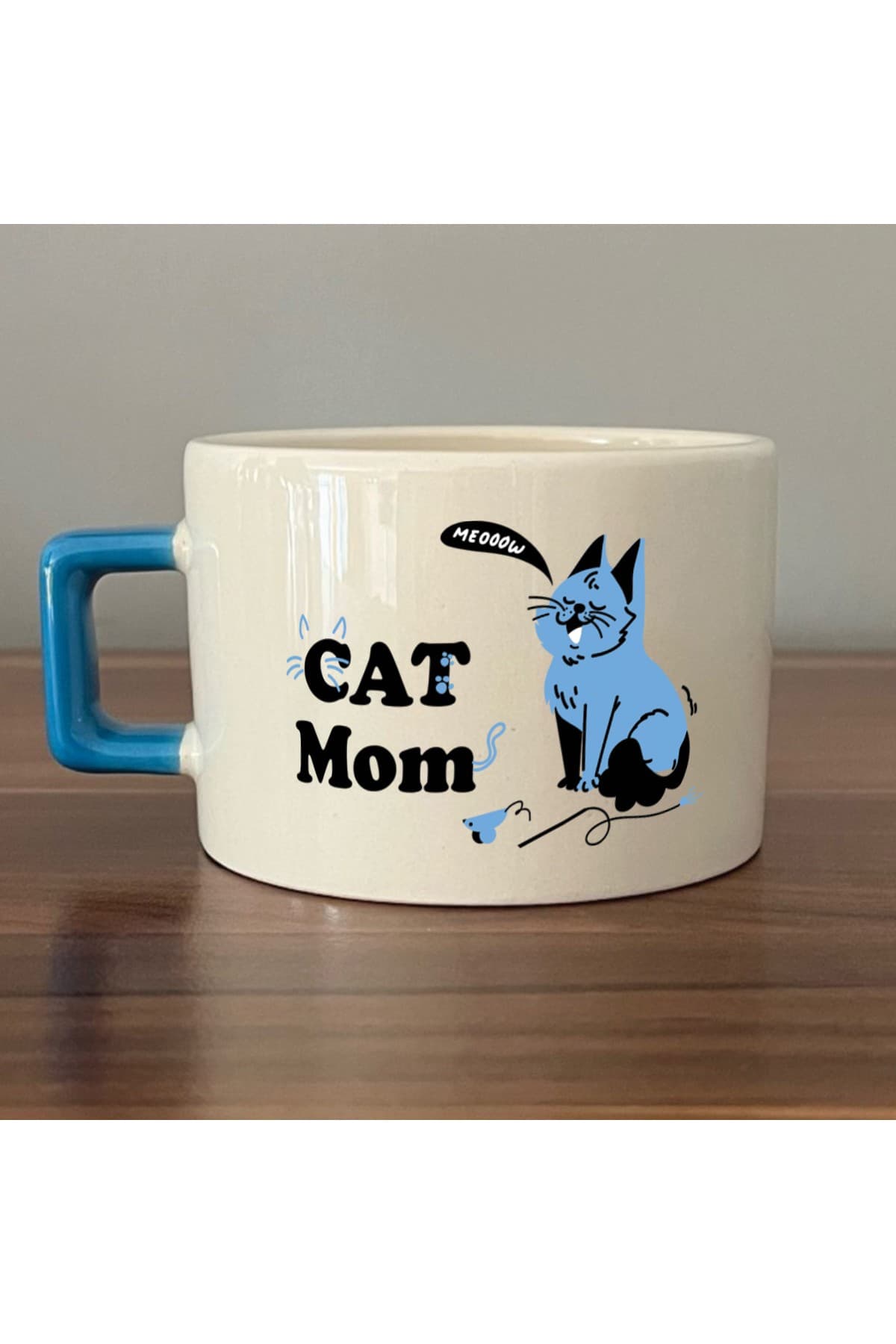 Cat Mom Baskılı Mavi Kulplu Kare Kupa - Anneye Hediye Bardak Fincan Mug