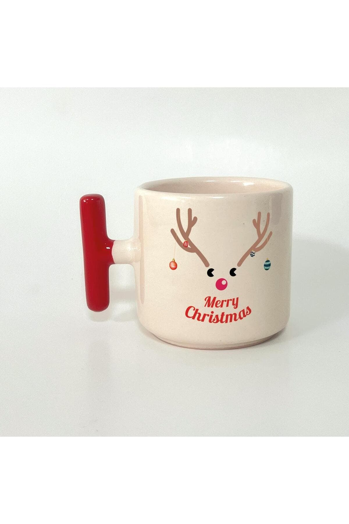 Merry Christmas Geyik Baskılı Kırmızı Kulplu T Kupa - Yılbaşı Hediyesi Bardak Fincan Mug