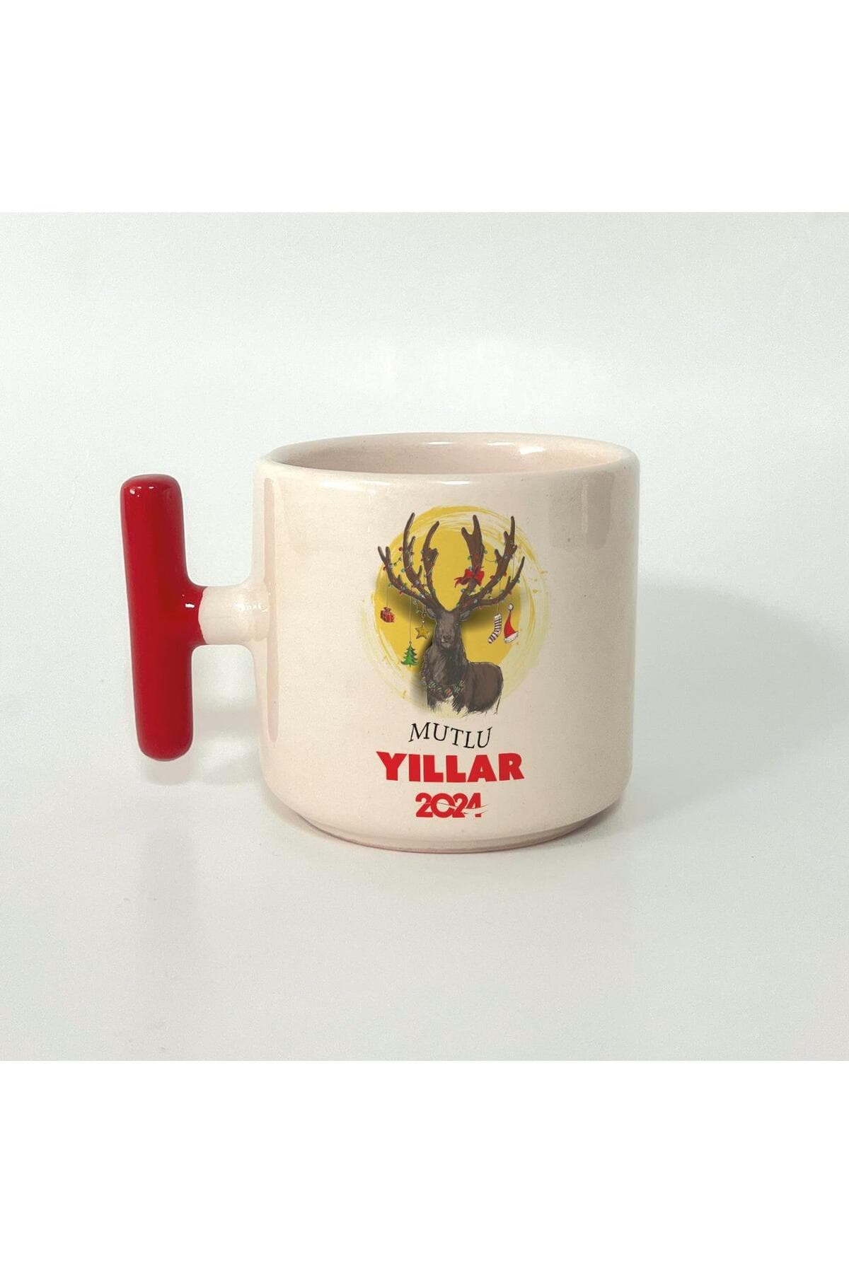 Mutlu Yıllar 2024 Geyik Baskılı Kırmızı Kulplu T Kupa - Yılbaşı Hediyesi Bardak Fincan Mug