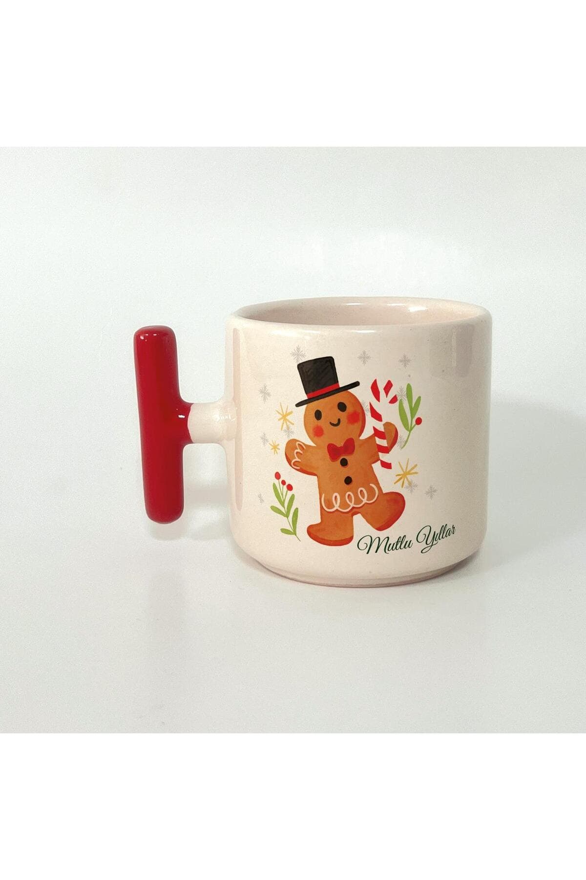 Mutlu Yıllar Kurabiye Adam Baskılı Kırmızı Kulplu T Kupa - Yılbaşı Hediyesi Bardak Fincan Mug