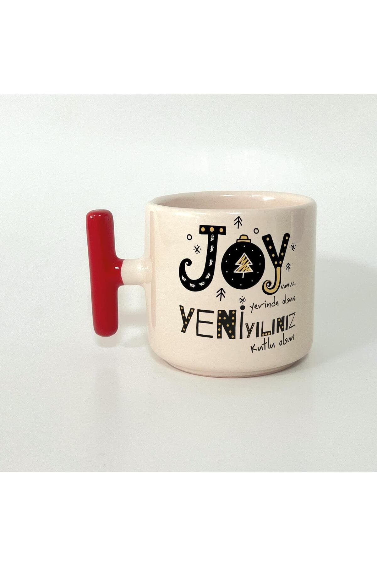 Joyumuz Yerinde Olsun Baskılı Kırmızı Kulplu T Kupa - Yılbaşı Hediyesi Bardak Fincan Mug
