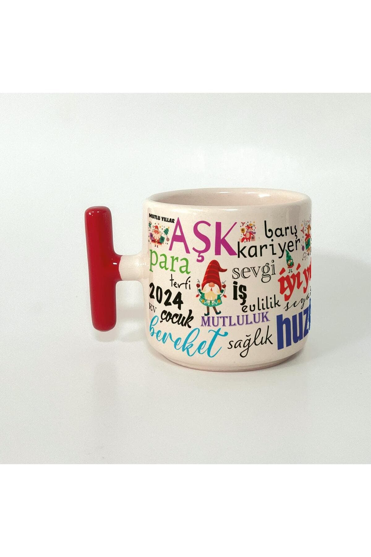 Dilekler Baskılı Kırmızı Kulplu T Kupa - Yılbaşı Hediyesi Bardak Fincan Mug