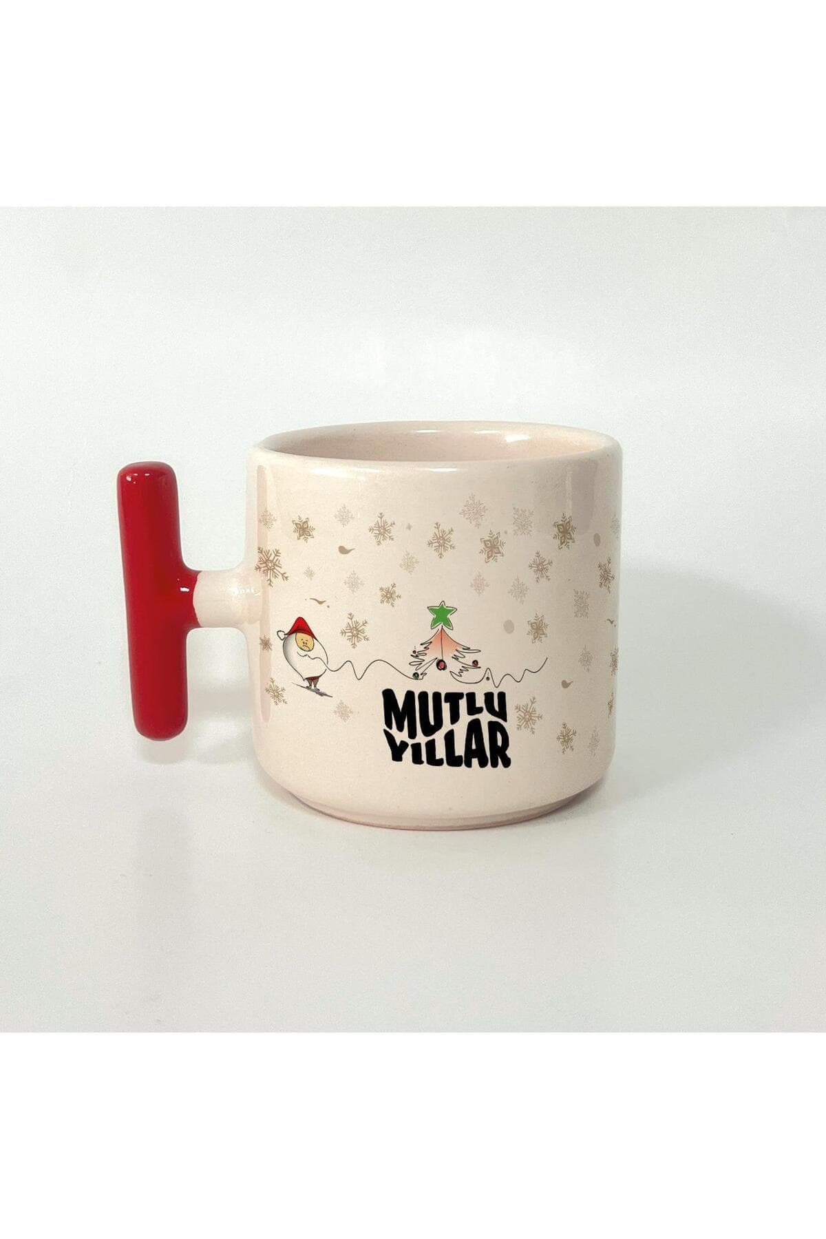 Mutlu Yıllar Kar Taneleri Baskılı Kırmızı Kulplu T Kupa - Yılbaşı Hediyesi Bardak Fincan Mug