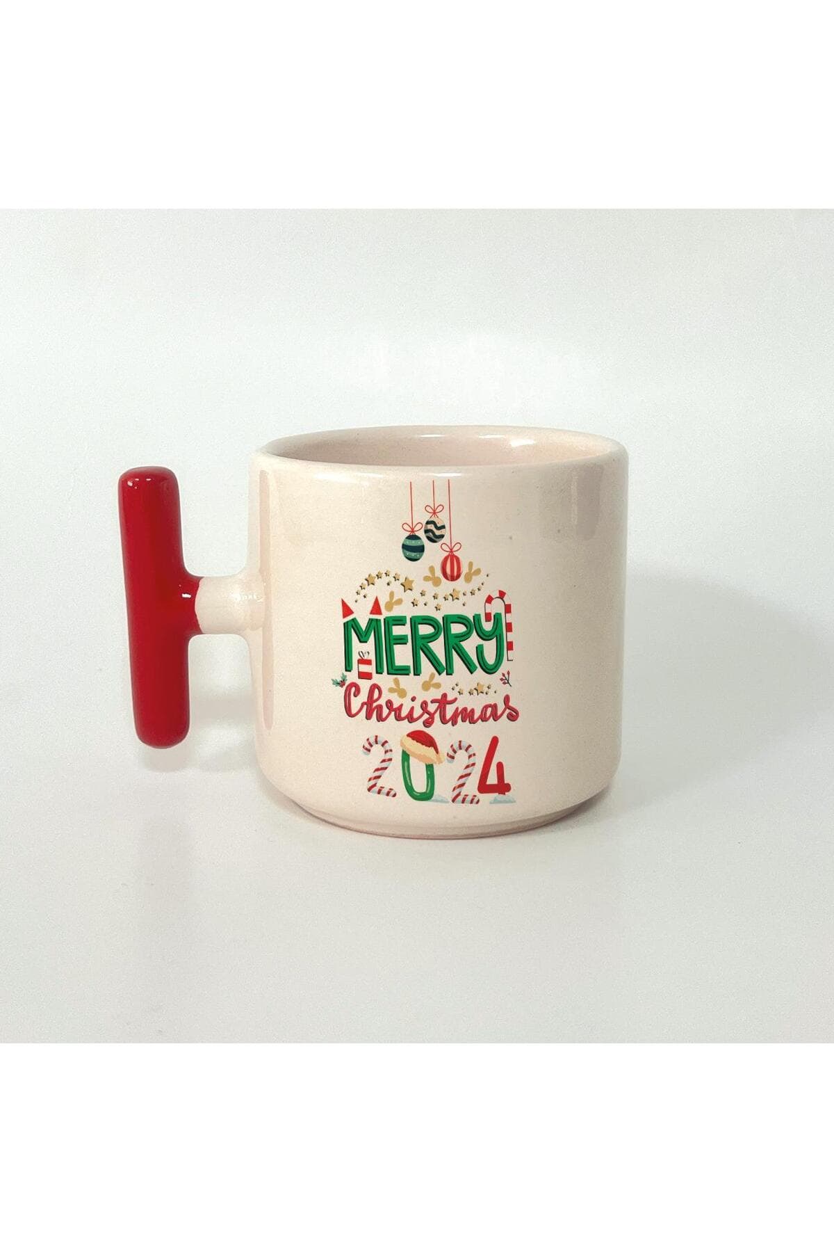 Merry Christmas 2024 Baskılı Kırmızı Kulplu T Kupa - Yılbaşı Hediyesi Bardak Fincan Mug
